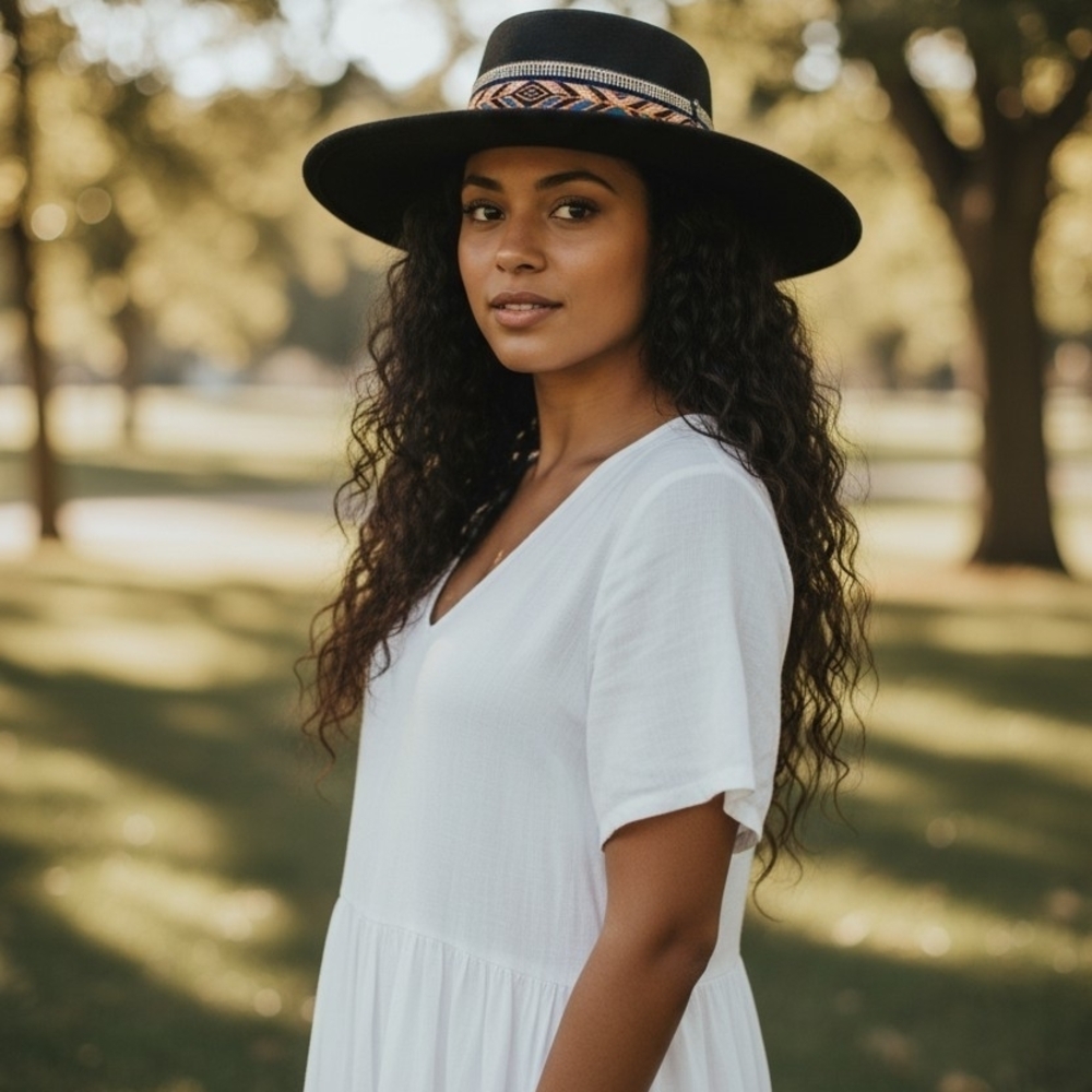 White Flowy Dress with Black Wide-Brim Hat